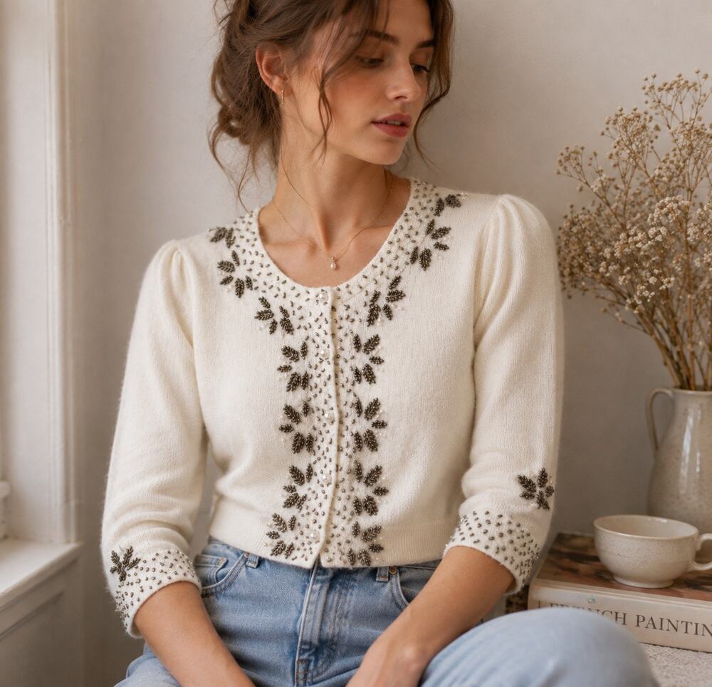 Forever New Angora Beaded Cardigan US 2 Ivory Pearl Fairycore Coquette Romantic